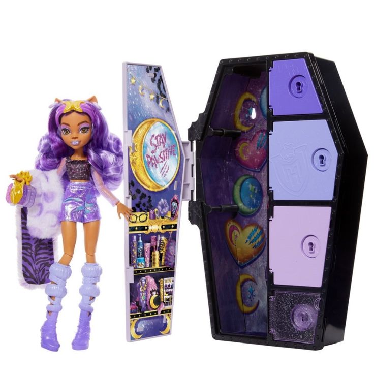 a doll with purple hair is next to a box