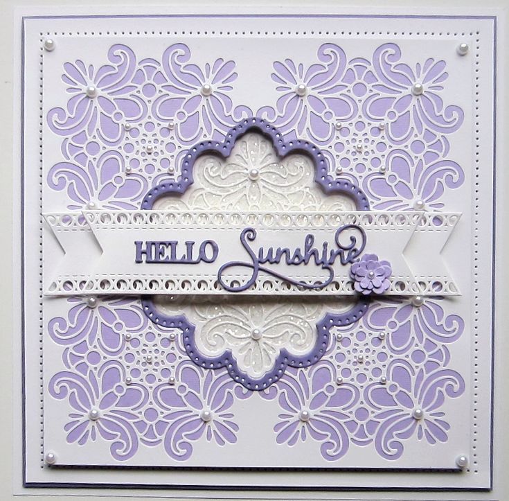 a card with the words hello sunshine on it, and an ornate design in purple