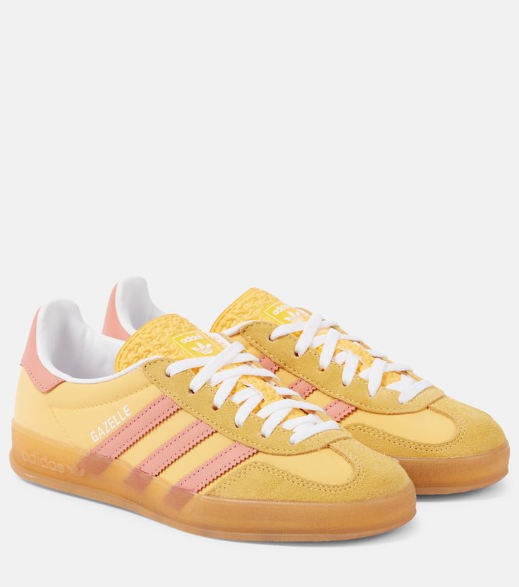 Gazelle Indoor suede-trimmed sneakers in yellow - Adidas | Mytheresa Blazers Sneakers, Fun Tennis Shoes, Yellow Tennis Shoes, Cute Sneakers For School, Woman Trendy Shoes, Yellow Adidas Gazelle, Adidas Samba Yellow, Designer Tennis Shoes, Yellow Gazelle