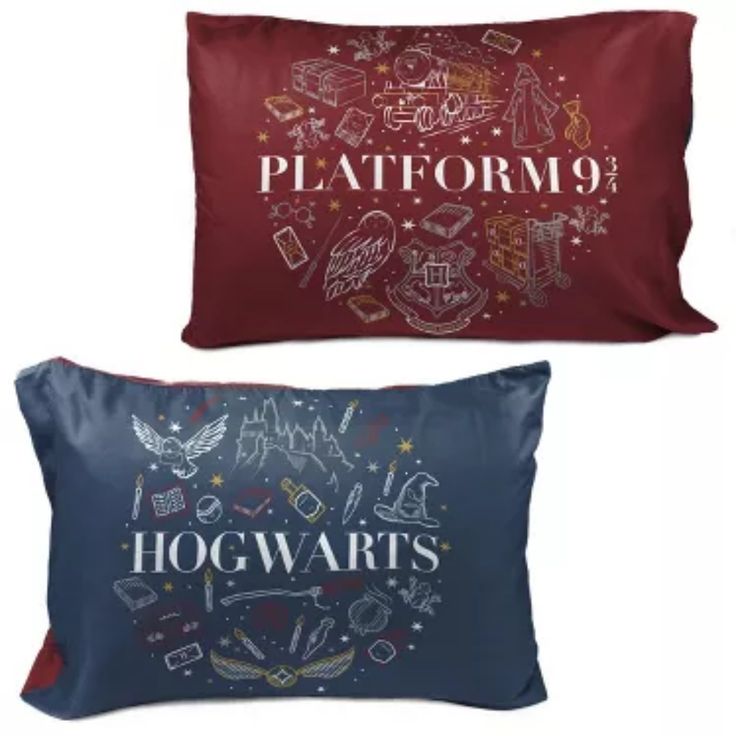 two harry potter pillow cases with the words platform 9 and hogwarts on them