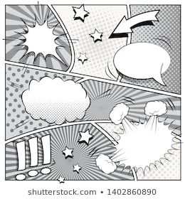 an abstract comic book page with speech bubbles and stars