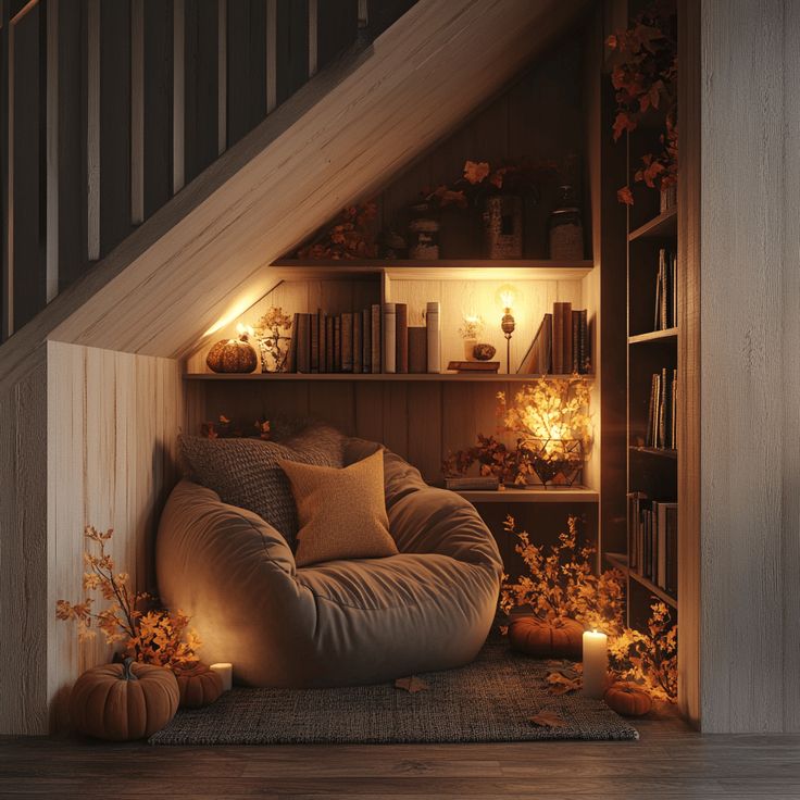 a living room filled with lots of furniture under a stair case next to a bookshelf