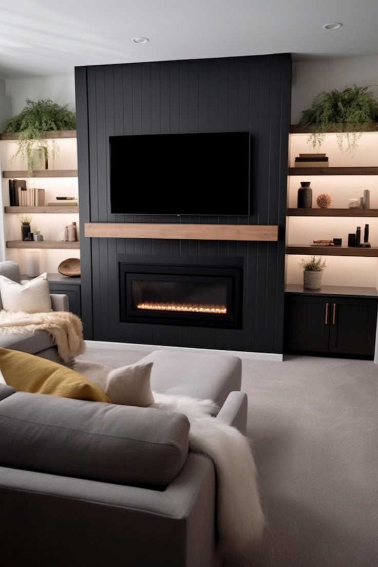 40+ Modern Shiplap Fireplace Designs for a Sleek Home Tv Fireplace Built In Bookshelves, 86 Inch Tv In Living Room With Fireplace, Shiplap Fireplace Basement, Electric Fireplace Formal Living Room, Vent Free Gas Fireplace Farmhouse, Panel Wall With Tv And Fireplace, Insert Fireplace Ideas Built Ins, Dark Fireplace Tv Wall, Electric Fireplace Ideas With 65 Inch Tv