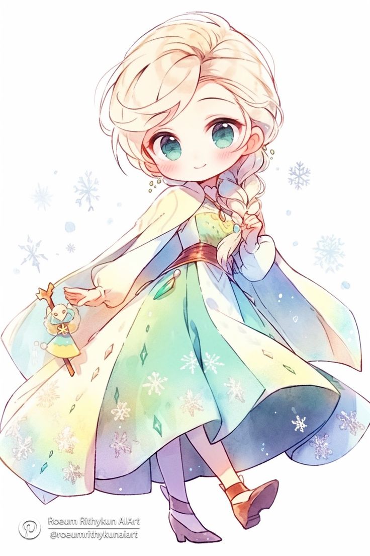 a drawing of a frozen princess with long blonde hair and blue eyes, wearing a green dress