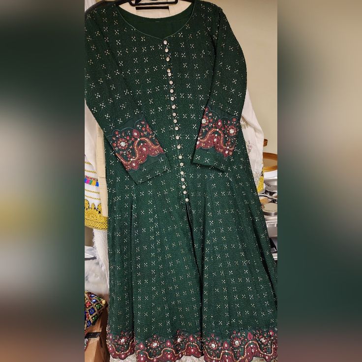 Green Salwae Kameez With Burgendy Embroidery Size Large Frock Pakistani, Pakistani Style, Salwar Kameez, Embroidery, Green, Women Shopping, Color