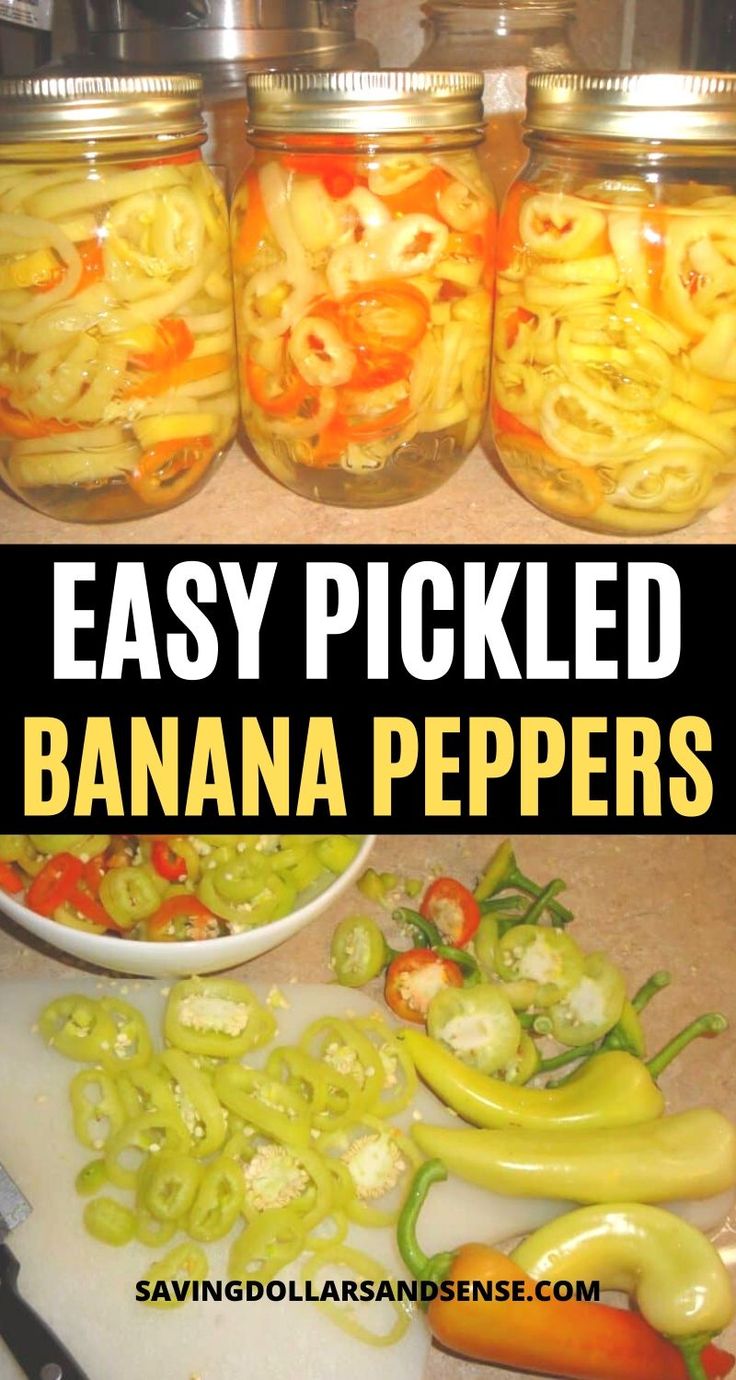 jars filled with pickled bananas and peppers on top of a counter next to vegetables