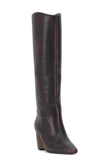 A minimalist design brings wardrobe-spanning versatility to this leather knee-high boot framed with a snipped toe and sculptural setback heel. 3" heel 15 1/4" shaft; 15" regular calf circumference 15 1/4" shaft; 16" wide calf circumference Inset side-zip closure Leather upper/synthetic lining/rubber sole Imported Chic Tall Brown Heeled Boots, Sleek Leather-lined Knee-high Boots For Fall, Sleek Knee-high Boots With Leather Lining For Fall, Sleek Fall Knee-high Boots With Leather Lining, Brown Leather Tall Knee-high Boots, Brown Leather Knee-high Boots, Brown Knee-high Boots With High Shaft For Formal, Brown High Heel Knee-high Boots For Work, Brown Knee-high Boots With High Shaft For Formal Occasions