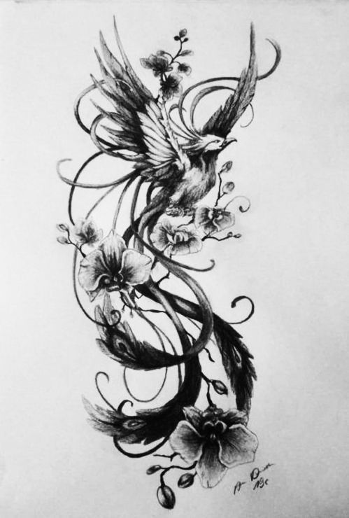 a drawing of a bird with flowers on it's back and wings in the air