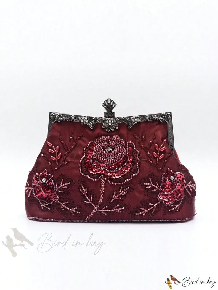 Bird in Bag - Red Embroidered Evening Bag Clutch with Beads, Sequins, Rhinestones, and Caviar Decoration in Vintage Style Red Embroidered Party Bag, Red Embroidered Party Bags, Red Embellished Evening Bag, Festive Red Embroidered Evening Bag, Formal Red Embroidered Bag, Red Embroidered Evening Bag For Festive Occasions, Festive Embellished Red Bag, Festive Red Embellished Evening Bag, Elegant Red Beaded Clutch