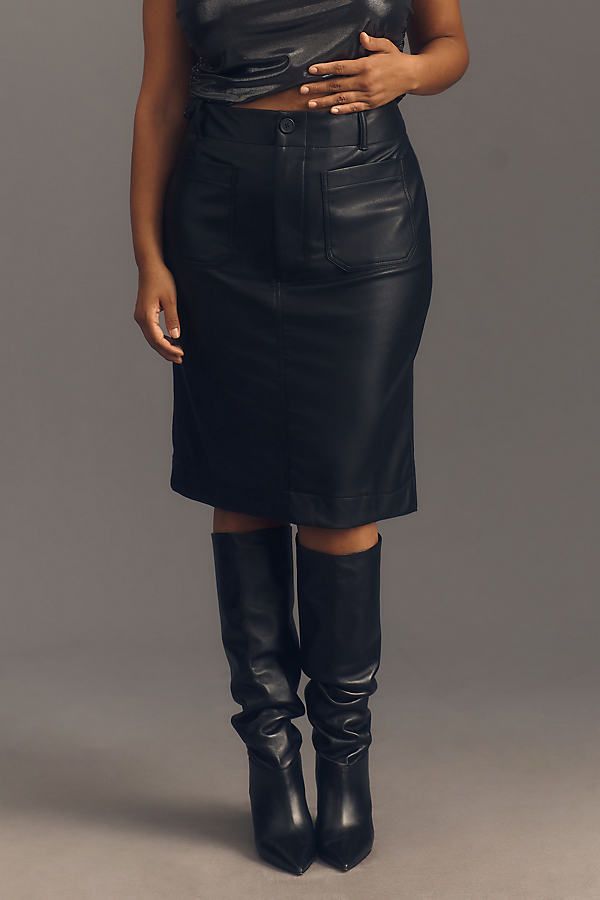 Inspired by the iconic pant, the Colette Skirt offers the same casual polish with a form-fitting high-rise silhouette and thoughtful tailoring. | The Colette Skirt by Maeve: Faux-Leather Edition in Black, Women's, Size: XL, Viscose/Polyurethane/Tin at Anthropologie Classic High Waist Skirt For Fall, Classic High-waist Skirt For Fall, Fall High Waist Skirt For Date Night, High Waist Skirt For Date Night In Fall, Midi Pencil Skirt For Date Night In Fall, Fitted Knee-length Faux Leather Bottoms, Fall Midi Skirt For Date Night, Fall Midi Pencil Skirt For Date Night, Leather Midi Pencil Skirt For Night Out