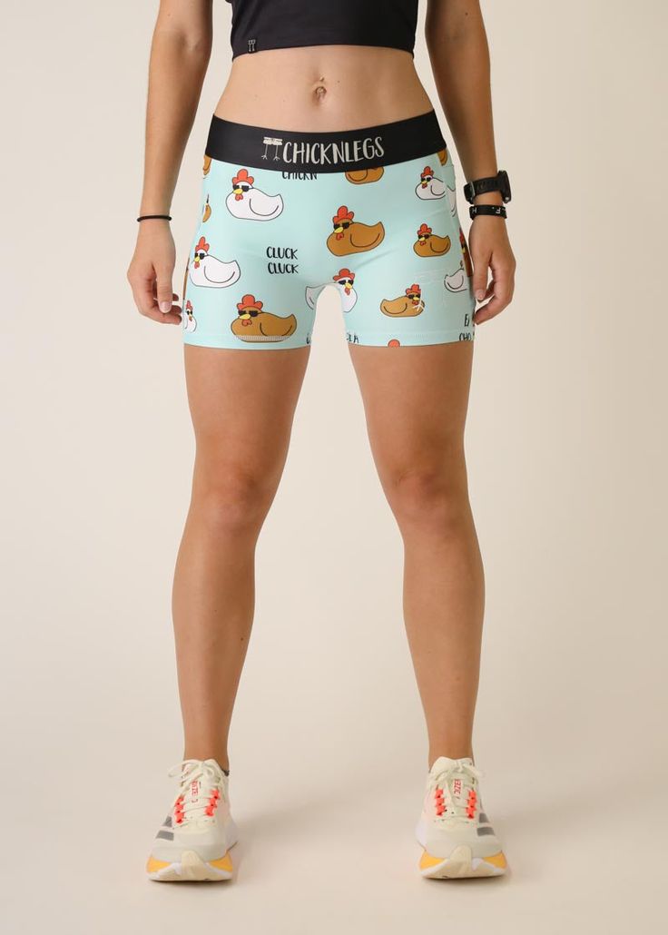 Model is wearing Chicknlegs women's 3 inch compression shorts for running in the swaggy chicken design, facing front. Compression Running Shorts, 110 Lbs, Running Shorts Women, Chicken Legs, Compression Shorts, Fun Designs, Running Shorts, Body Measurements, Soft Fabric