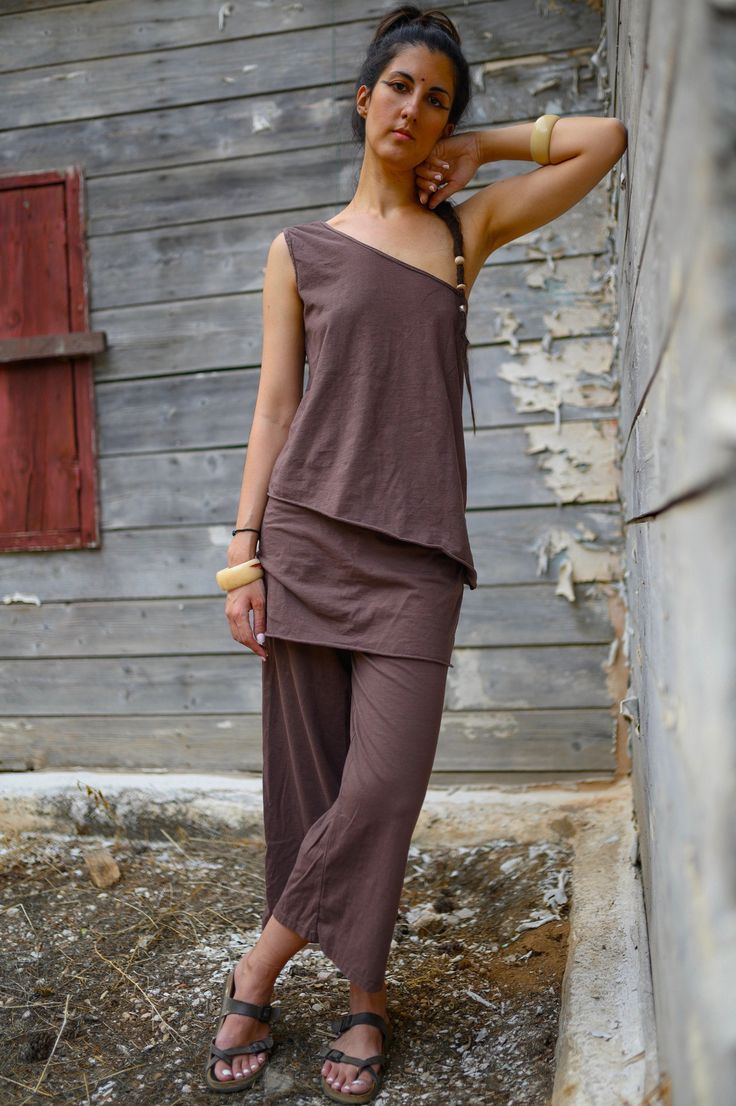 WINTER SALES! Gaucho pants, Organic pants, hemp pants, organic trοusers. Οver the ankle pants, nomadic pants.  Lovely wide/straight, gaucho pants, layered with a mini skirt attached to it. Its height is above the ankle. Easy to wear, pants that you will turn to again and again! For spring, summer, fall. ---Sizing--- Small: Waist 66-76cm - Length 83cm Medium: Waist 68-80cm -  Length 84cm Large: Waist 72-82cm - Length 86cm ---Color--- Shown here: Chocolate brown/Ochre/Khaki Be aware that the colors shown in photos differ to a percentage from reality depending on your computer settings but also from the photoshoot lighting conditions. Colors may also differ slightly from batch to batch. ---Fabric--- The fabric I use for my summer garments, is hemp/organic cotton jersey 140gsm, it comes to my Hemp Pants, Photoshoot Lighting, Gaucho Pants, Grunge Look, Pantalon Large, Pants Wide Leg, Clothing Care, Style Expert, Ankle Pants