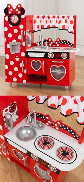 a red and white play kitchen with minnie mouse decorations on the top, and mickey mouse accessories on the bottom