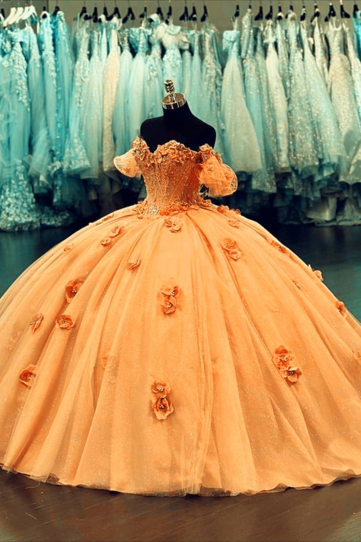 Orange Quinceanera Dress Orange Ball Gown Dress, Light Orange Quinceanera Dresses, Orange 15 Dresses Quinceanera, Orange Sweet 16 Dresses, Orange Theme Quinceanera, Peach Color Quinceanera Dress, Peach Quince Dress, Burnt Orange Quinceanera Dress, Orange Quinceanera Theme