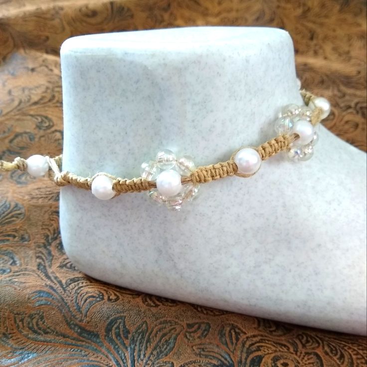 10 Inches Long Faux Pearl White Beads, Clear Iridescent Beads With Bead Clasp. Adjustable Pearl Anklets For Summer, White Pearl Anklets For Summer, Summer White Pearl Anklets, Adjustable Beaded Pearl Anklets, Adjustable White Pearl Anklets, Adjustable White Beaded Anklets, Beach Charm Bracelet, Hemp Anklet, Fork Bracelet