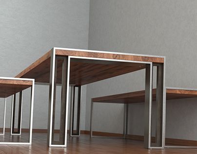 three wooden tables sitting on top of a hard wood floor next to each other in an empty room