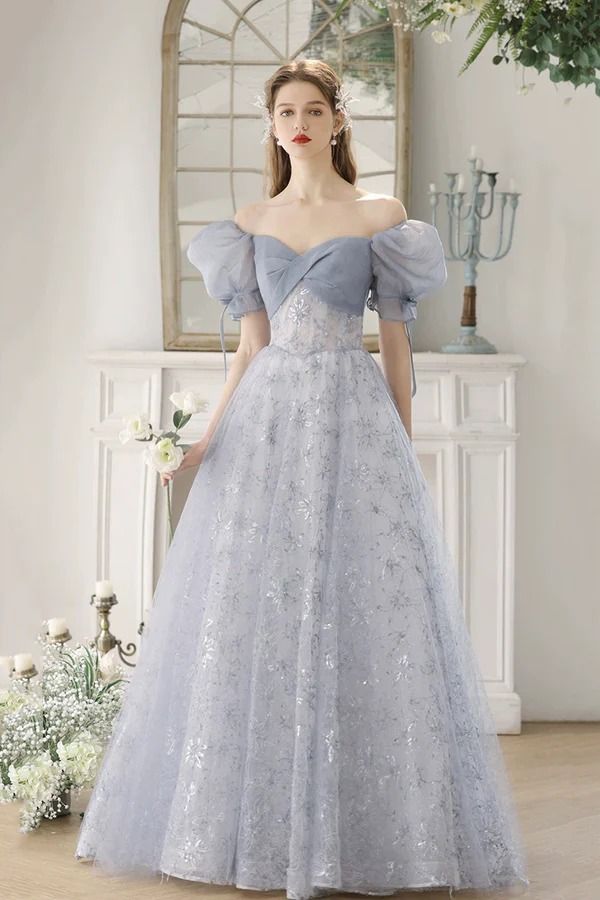 Light Blue A-line Prom Evening Dress, Light Blue A-line Party Dress, Blue Fitted Elegant Princess Dress, Elegant Fitted Blue Princess Dress, Blue Dresses For Wedding And Party Season, Blue Dress For Wedding Party Season, Blue Dress For Wedding And Party Season, Blue Organza Dress For Banquet, Blue Tulle Dress For Party