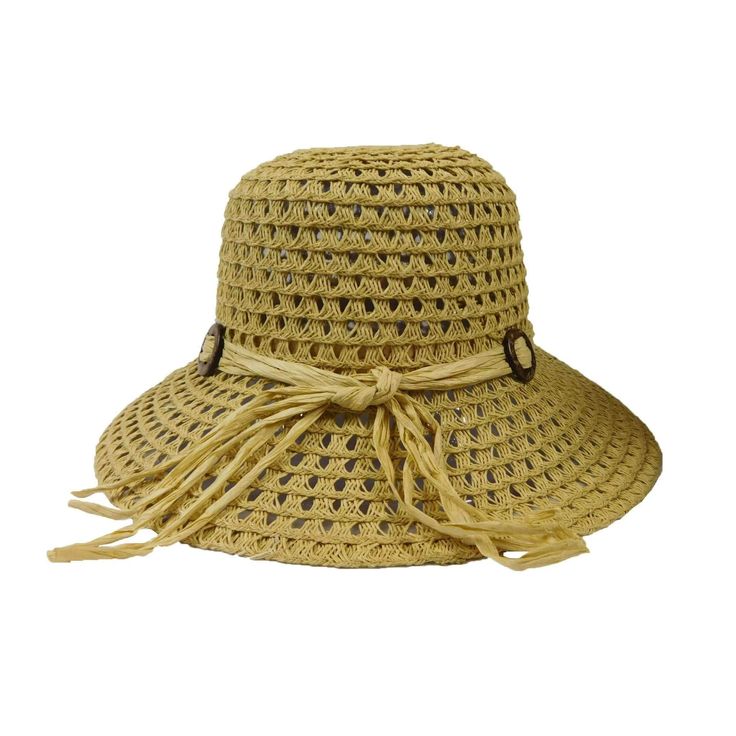 Natural color. 3" wide brim. Paper string accent with loops. One size fits most. Spring Bucket Hat Made Of Straw, Summer Sun Hat In Toquilla Straw With Open Weave, Vacation Straw Hat With Open Weave And Curved Brim, Vacation Straw Hat With Curved Brim And Open Weave, Vacation Sun Hat With Open Weave In Toquilla Straw, Wide Brim Paper Straw Bucket Hat For Spring, Vacation Sun Hat With Open Weave And Curved Brim, Adjustable Wide Brim Panama Hat In Paper Straw, Vacation Sun Hat With Curved Brim And Open Weave