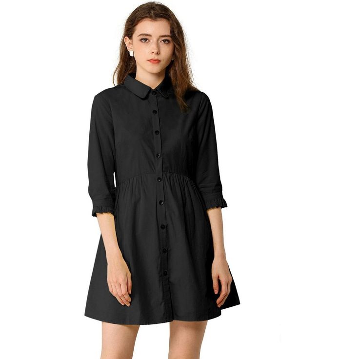 Designed with the shirt style, this dress makes weekend dressing simple with its relaxed fit shape. With the bright color, this piece is styled with a button-through design and finished with the tie detailing on the sleeves for a touch of femininity. Framed with a collar neckline and contemporary cropped sleeves, the waistline flows out into a lightly pleated flared skirt for a feminine finish that wears well with anything from sandals to trainers. High Neck Shirts, Shirt Dress Black, Weekend Dresses, Casual Shirt Women, Mini Robes, Mini Skater Dress, Flare Mini Dress, Poplin Dress, Mini Shirt Dress