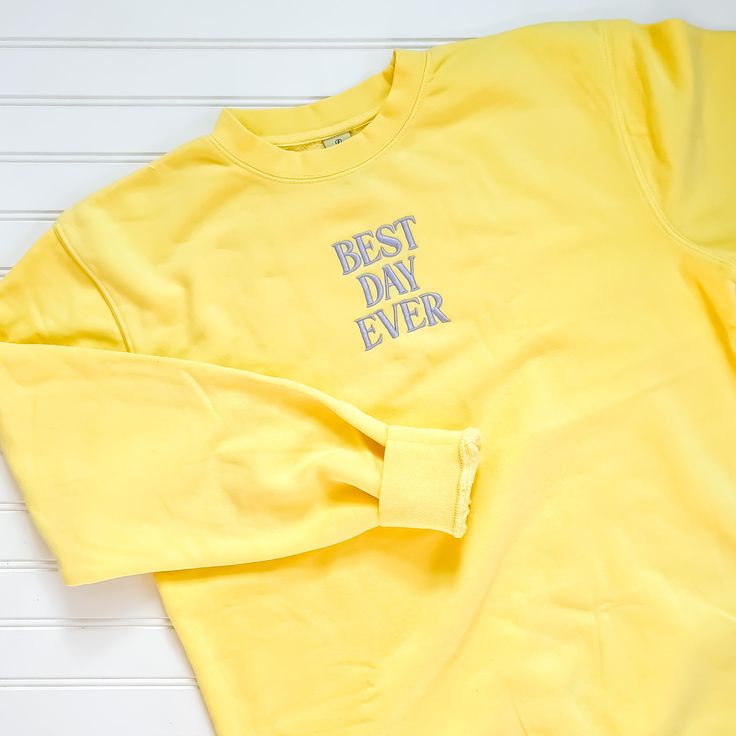 ✧ Best Day Ever ✧ Our vintage pigment-dyed sweatshirts are so comfy and lightweight, you won't want to take it off and you'll have it for years! Now in a spring yellow color, this crewneck is embroidered so you can wear the magic wherever you are, any day. This sweatshirt has an oversized fit. Model is 5'5" and wearing a size medium. Features 80% ring spun cotton, 20% polyester blend 100% cotton 30 singles face yarn split stitch double needle sewing on all seams Oversized unisex fit Allow for sl Spring Washed Crew Sweatshirt, Spring Washed Crew Neck Sweatshirt, Yellow Crew Neck Relaxed Fit Sweatshirt, Soft-washed Cotton Sweats For Spring, Spring Soft-washed Cotton Sweats, Spring Crew Neck Soft-washed Sweatshirt, Soft-washed Crew Neck Sweatshirt For Spring, Spring Soft-washed Crew Neck Sweatshirt, Yellow Relaxed Fit Crew Neck Sweatshirt