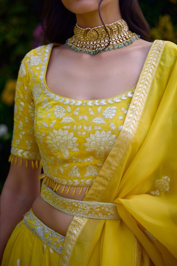 Daffodil yellow chanderi brocade and satin lehenga with an attached cancan and floral and thread patchwork embroidery. Comes with a padded blouse, an organza dupatta and a belt. - Aza Fashions Jacquard Lehenga, Satin Lehenga, Yellow Wedding Dress, Indian Wedding Dresses, Daffodil Yellow, Modern Gown, Banarasi Lehenga, Patchwork Embroidery, Tuxedo Accessories