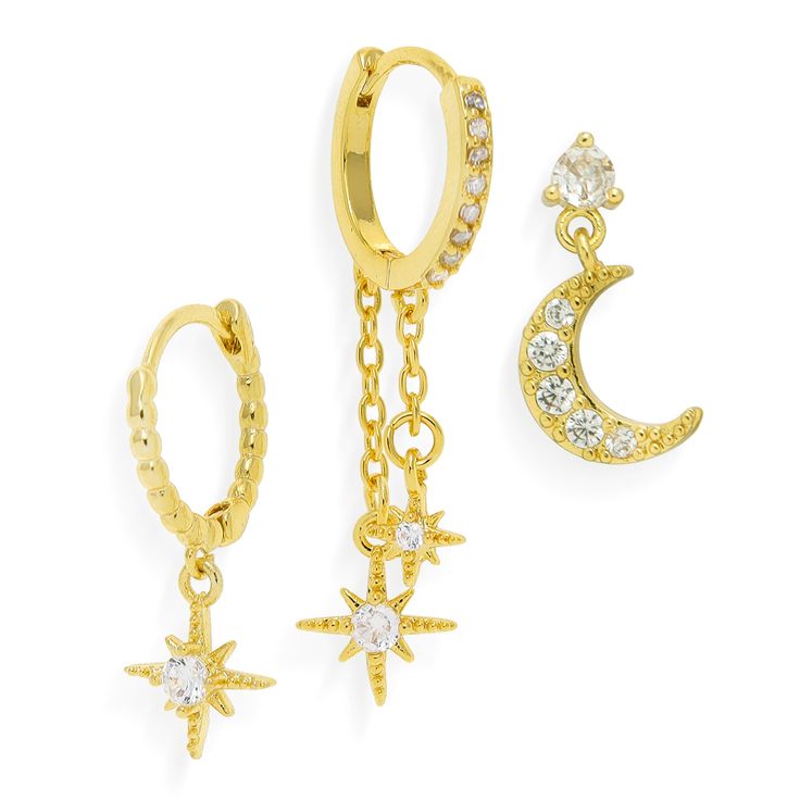 PRICES MAY VARY. Dainty gold moon star hoop set earrings, with three different design, fashion bold statement y2k design, featuring a strand of cubic zirconia, easily to match your clothes. Trendy small moonlight ring charm rhinestone huggie, plug back for pierced ears, special, cool and stylish,you can take off the cz star and wear the rectangle huggie earrings alone, perfect for everyday casual business work, formal event parties. 18k gold plated stainless steel, fade-resistant, lightweight, l Earring Star, Gold Star Earrings, Y2k Design, Formal Jewelry, Work Formal, Clothes Trendy, Set Earrings, Star Earrings Stud, Stud Jewelry