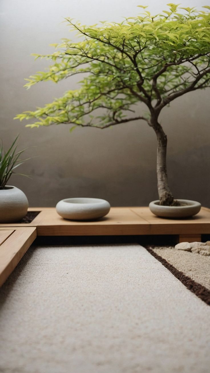 two bonsai trees are sitting on the floor in front of a gray wall and white rug