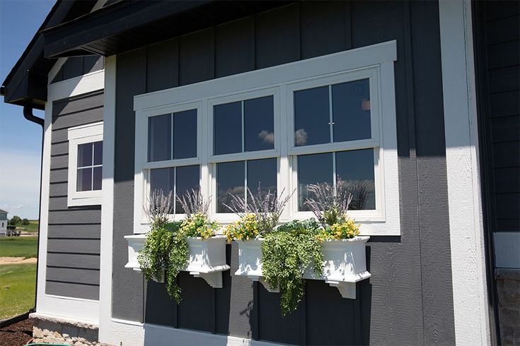 two windows with plants growing in them on the side of a gray and white house