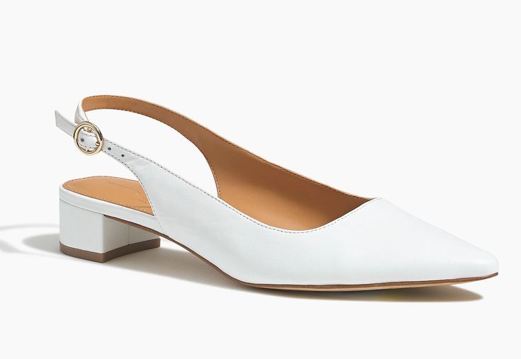 PRODUCT DETAILS Leather upper. 1 1/5" (30mm) heel. Classic comfy look. Leather lining. Import. White Slingback Flats, White Slingback Heels, Slingback Block Heels, Clothing Capsule, Heels Aesthetic, Shoe Wardrobe, Bridal Outfit, Slingback Flats, Capsule Outfits