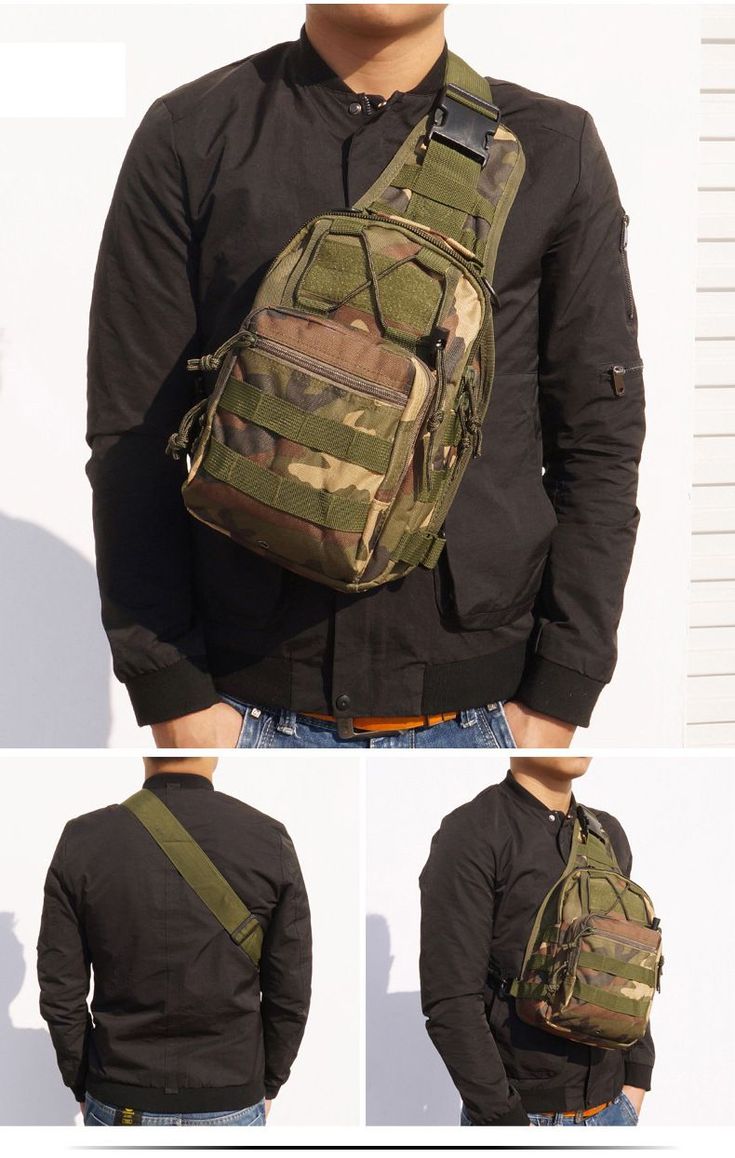 a man wearing a camouflage backpack with multiple pockets and shoulder straps, all in different colors