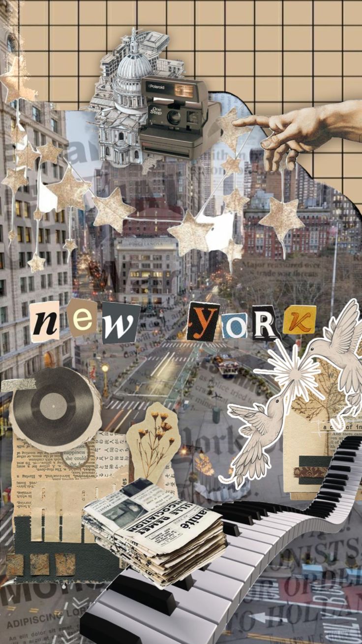 a collage of images with musical instruments and music notes in the foreground, including an old - fashioned piano