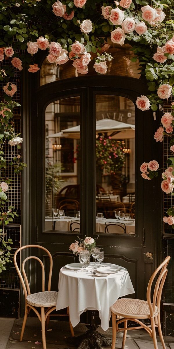 two chairs and a table with flowers on the wall