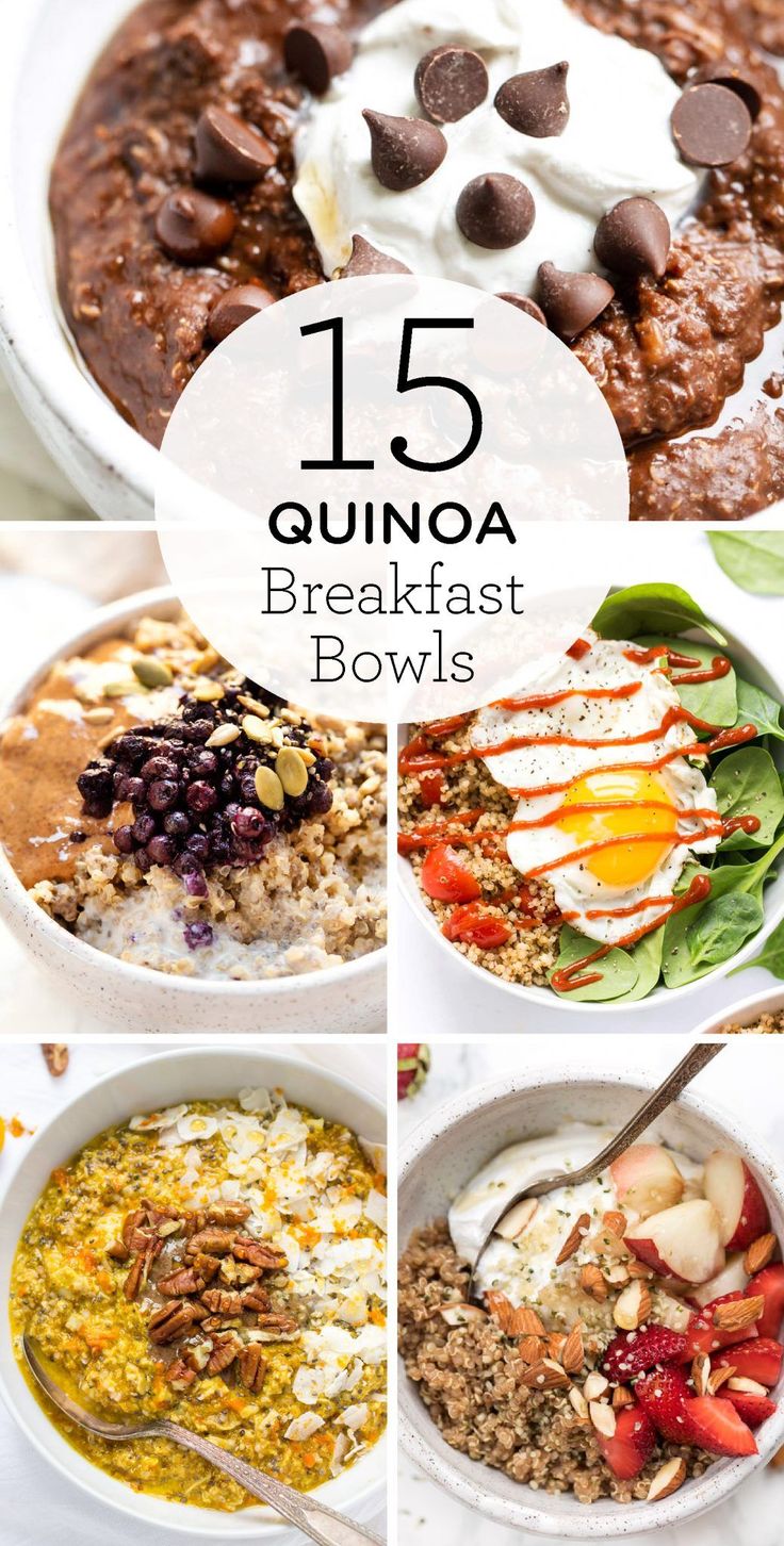 breakfast bowls with different toppings in them and the words, 15 quinoa breakfast bowls