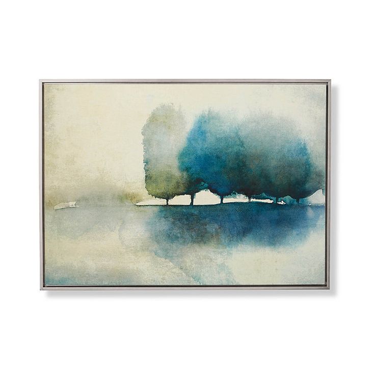 an abstract painting with two trees in the middle and blue water on the other side