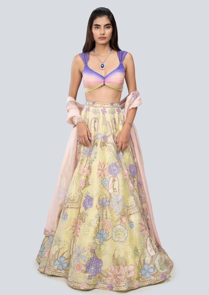 Canary yellow satin organza lehenga with lurex appliqued and heavy embellished with organza pleats ombre blouse and lurex dupatta. Organza Pleats, Purple Lengha, Lavender Lehenga, Organza Lehenga, Yellow Satin, Yellow And Purple, Canary Yellow, Indian Outfits, Lehenga