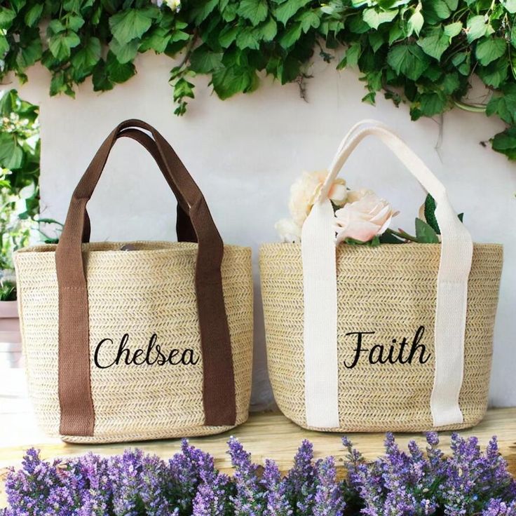 two baskets with the words cheese and faith on them are sitting next to lavender flowers