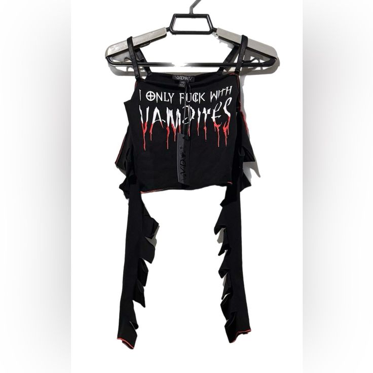 ~Nwt, Size Xs, Sold Out Online ~Black/Red Cropped Cami Tank Top W/Adjustable Shoulder Straps & Contrast Colored Stitching ~”I Only F*Ck With Vampires” Word Graphics On Front ~Attached Slashed Long Sleeves & Cropped Fit ~95% Cotton 5% Spandex, Hand Wash Cold/Hang Dry ~Smoke Free/Dog Friendly Home ~Poos Fcfs ~Shipping/Bundling, Also Pickup Or Meet Locally ~$30 (Reg $48, Sold Out) Or Best Offer Black Punk Tops For Cosplay, Halloween Grunge Tops For Night Out, Grunge Halloween Tops For Night Out, Black Punk Style Tops For Cosplay, Black Emo Tops For Cosplay, Black Emo Party Tops, Black Emo Style Party Tops, Black Emo Cosplay Tops, Edgy Top For Halloween Concert