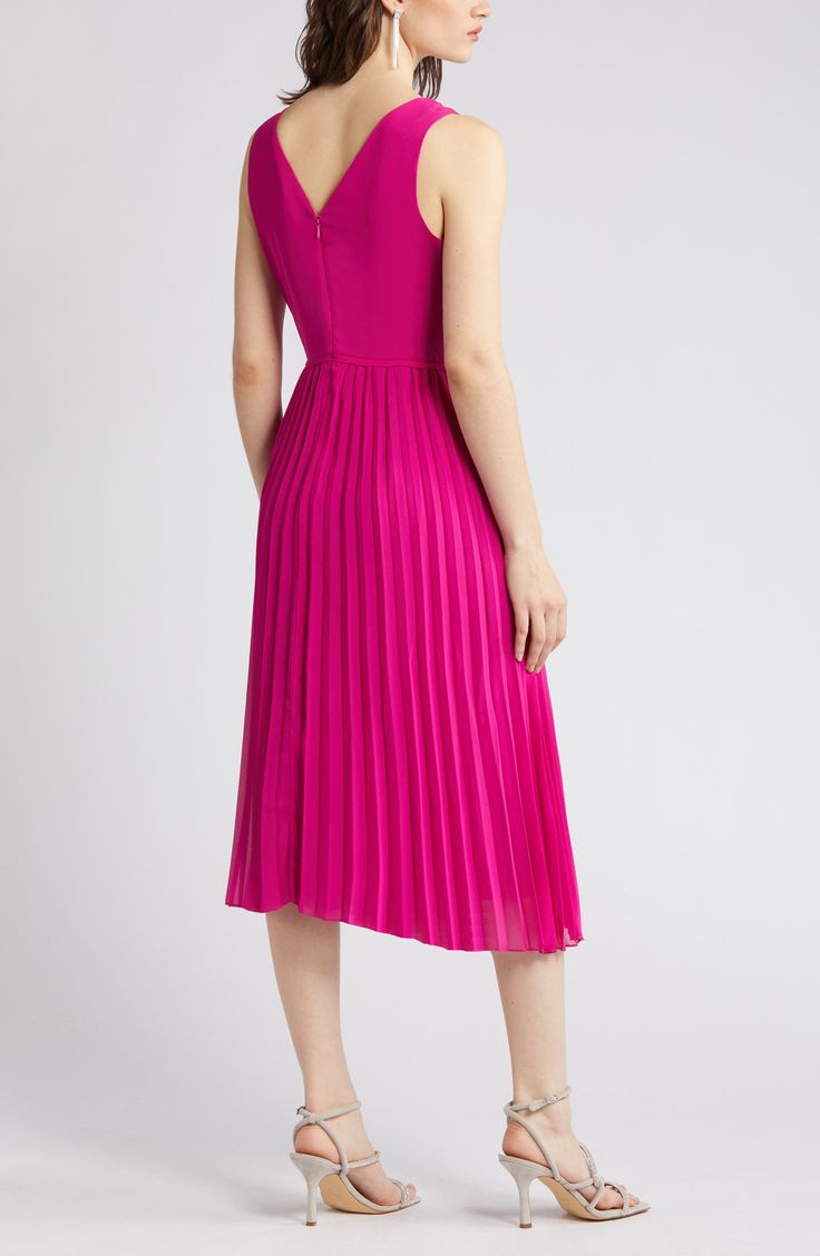 Designed in a sleeveless silhouette, this day-to-night dress is punctuated with a pleated chiffon skirt. 46" length (size 8) V-neck Sleeveless Lined 100% polyester Dry clean Imported Summer A-line Midi Dress With Accordion Pleats, Summer A-line Pleated Dress With Pleated Bodice, Spring Sleeveless A-line Dress With Pleated Back, A-line Sleeveless Dress With Pleated Hem For Spring, Summer Chiffon Pleated Cocktail Dress, Summer Cocktail Pleated Chiffon Dress, Chiffon Pleated Midi Dress, Party Chiffon Midi Dress With Pleats, Chic Chiffon Dress With Pleated Skirt