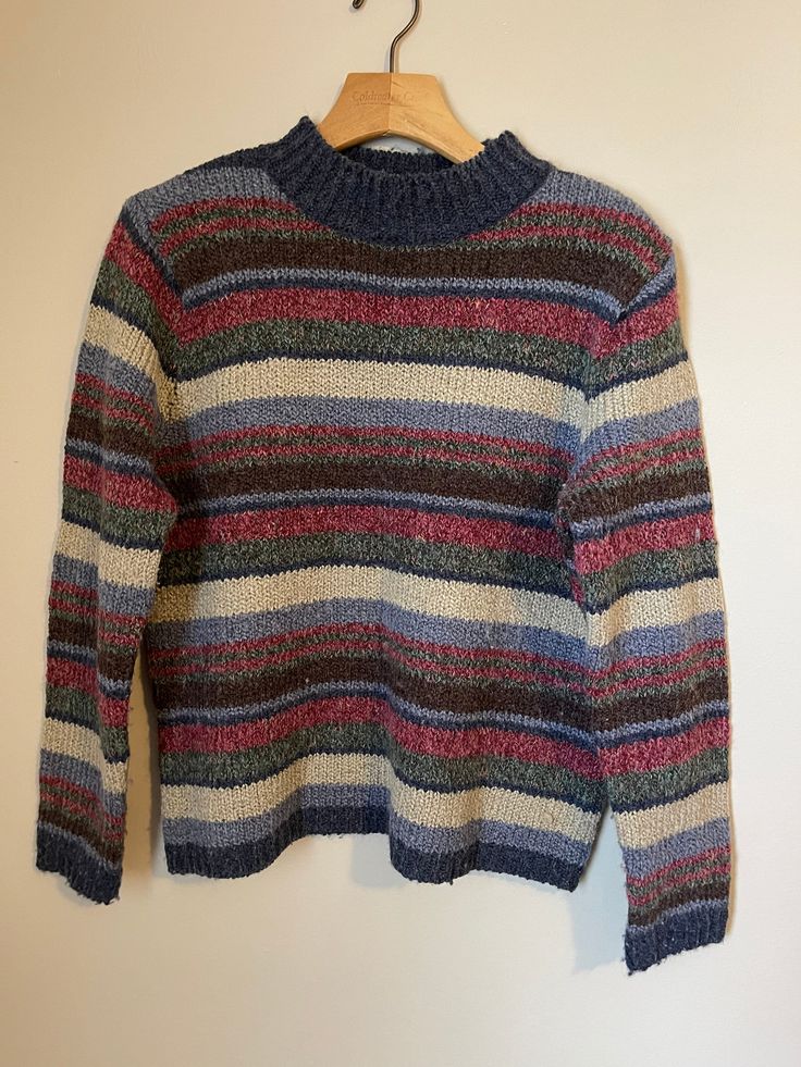 Vintage striped mock neck sweater. Christopher & Banks label. Colors of blue, green, plum, wine.  Acrylic and polyester with 3% wool.  Size small Arm pit= 20 Length = 22. Looks petite Vintage Striped Sweater, Pull Vintage, Green Plum, Plum Wine, Colorful Blouses, Acrylic Sweater, Pullover Sweater Women, Horizontal Stripes, Beautiful Blouses