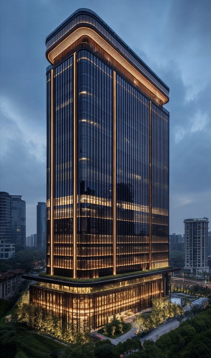 an office building lit up at night in the city