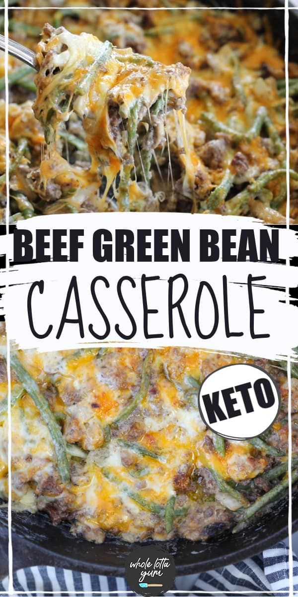 a close up of a casserole on a plate with the words beef green bean casserole