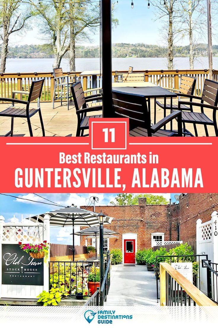 an outdoor dining area with tables, chairs and grilling equipment in the background text reads 11 best restaurants in gunsville, alabama