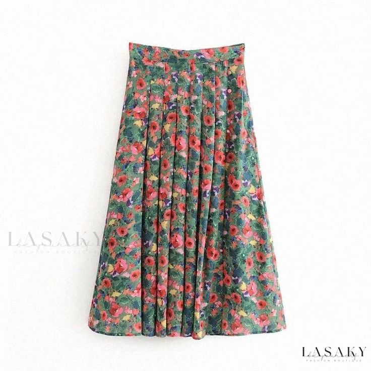 Lasaky - High-Waisted Pleated Floral Print Vacation Midi Skirt with Ruffles Vacation Skirts, Long Green Skirt, Vintage Style Skirts, Fall Fashion Skirts, Mid Calf Skirt, French Women Style, Holiday Skirts, Floral Pleated Skirt, Cascading Ruffles