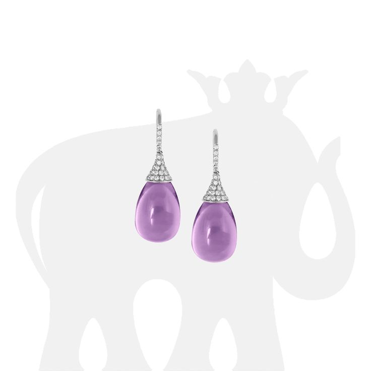 JE0056-AL 'Naughty' Lavender Amethyst Drop Earrings with Diamonds in 18K White Gold Stone Size: 19 x 12 mm Diamonds: G-H / VS, Approx Wt: 0.75 Cts Luxury Teardrop Gemstones, Elegant Purple Cabochon Earrings, Luxury Purple Earrings For Evening, Elegant Cabochon Amethyst Gemstones, Elegant Purple Teardrop Gemstone, Elegant Amethyst Cabochon Gemstones, Formal Amethyst Briolette Earrings, Amethyst Briolette Earrings For Formal Occasions, Luxury Amethyst Earrings For Formal Occasions