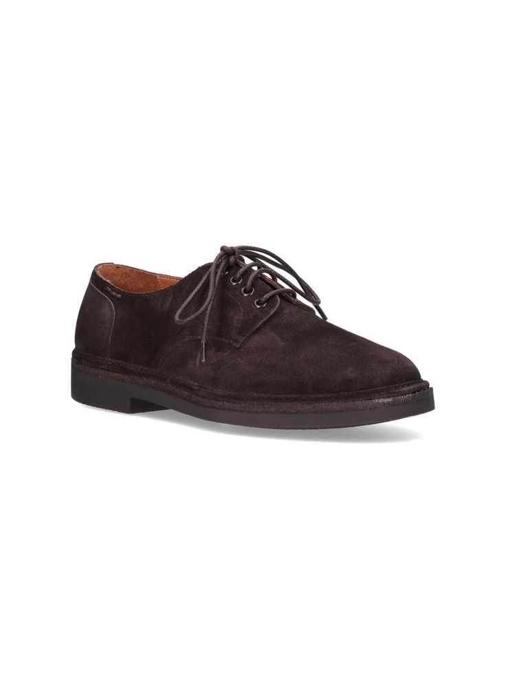 Alexander Hotto brown suede derby shoes with round toe, laces, black rubber sole. Composition: 100% Leather Classic Brown Suede Lace-up Shoes, Classic Brown Lace-up Shoes With Vibram Sole, Classic Brown Lace-up Shoes With Suede Lining, Suede Low-top Oxfords For Work, Low-top Suede Oxfords For Work, Masculine Brown Lace-up Oxfords, Brown Plain Toe Lace-up Shoes With Vibram Sole, Masculine Suede Dress Shoes For Work, Suede Lace-up Shoes With Rubber Sole For Work