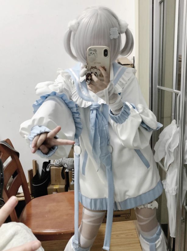 ❤︎❤︎ White Long Sleeve Outerwear For Cosplay, White Harajuku Long Sleeve Outerwear, White Long Sleeve Outerwear With Ruffles, White Ruffled Long Sleeve Outerwear, White Winter Cosplay Top, White Tops For Winter Cosplay, Casual White Outerwear With Ruffles, White Long Sleeve Tops For Cosplay, Blue Long Sleeve Outerwear With Ruffles