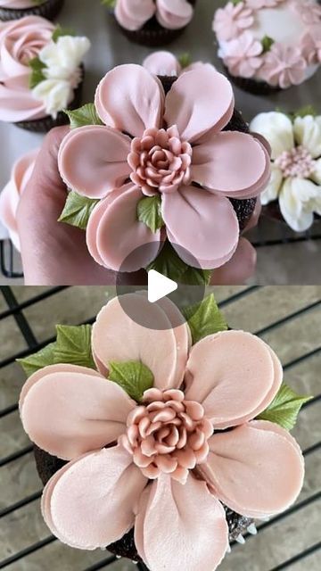 cupcakes decorated with pink flowers and green leaves