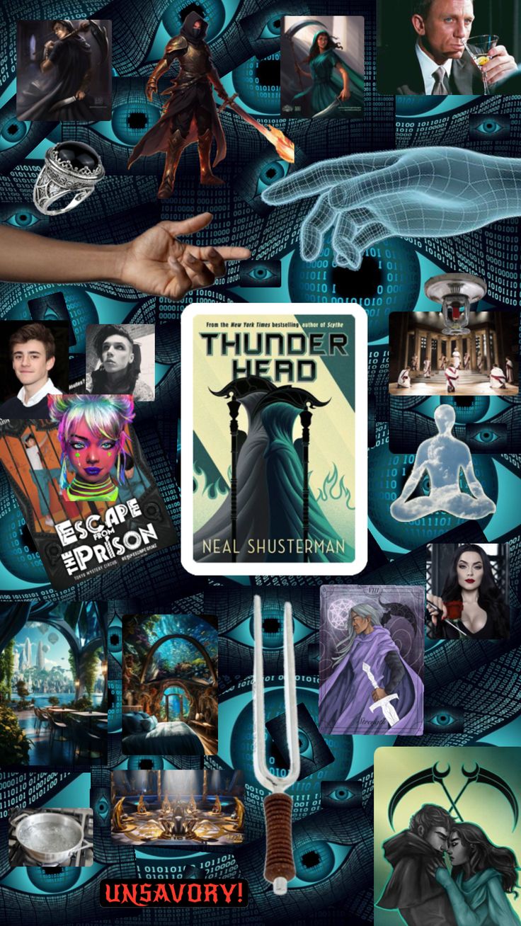 the poster for thunder head is shown in blue and black colors, with images of people holding