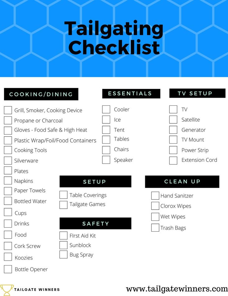 a checklist with the text, tailgating checklist cooking / dining essentials