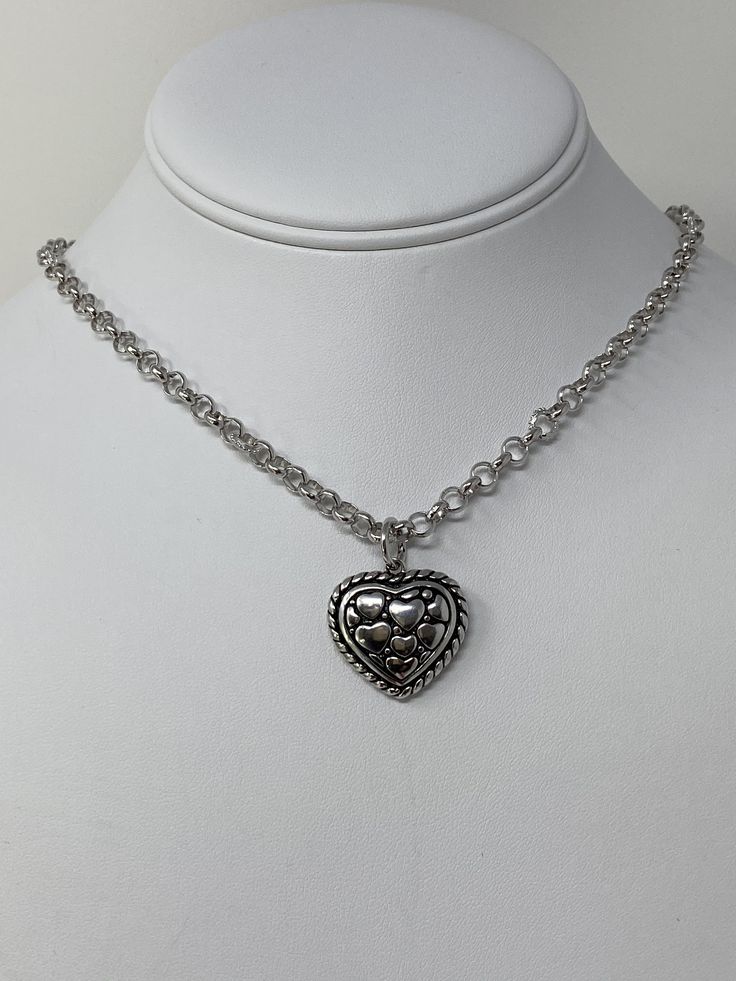 "Solid Sterling Silver Heavy Large Rolo Chain Heart Pendant Necklace. Rhodium Plated Large Rolo Chain Heart Necklace ------------------------------------------ Genuine sterling silver Average 22 gram Chain- 5 mm, Heart- L-21.5 MM, W-24 MM Stamp: 925 ------------------------------------------ SPECIFICATIONS: *Our Jewelry is made with High quality sterling Silver, that will last for Years with Proper care *Sterling Silver will not wear down like silver plating does. ------------------------------- Silver Double Heart Necklace With Chain, Silver Double Heart Metal Necklace, Silver Double Heart Chain Necklace, Heart-shaped Silver Chain Jewelry For Anniversary, Silver Heart Cut Metal Necklace, Nickel-free Silver Heart Necklace, Silver Nickel-free Heart Necklace, Valentine's Day Heart Pendant Jewelry With Silver Chain, Valentine's Day Heart Pendant Silver Chain Jewelry